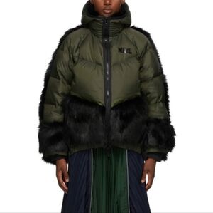 Nike Sacai Edition Down NGR Faux Gur Puffer Parka in Olive Green
